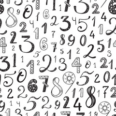 Hand drawn cartoon doodle Numbers seamless pattern. Mathematical background for kids. Back to school. Black and white Scandinavian style