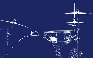 Fototapeta na wymiar Drum set. White silhouette of the drums. Beautiful blue background. Musical instrument.