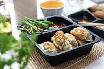 Take-out lunch. Ready meal on a tray. Box diet, dietetic catering.