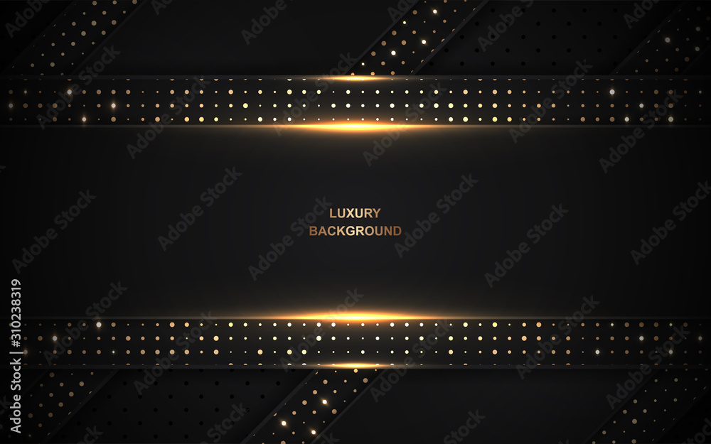 Fototapete luxury black paper shapes overlapping background a combination with golden light and dots glitters e
