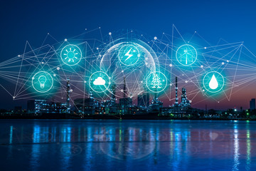 Industry 4.0 and Energy saving concept.Double exposure of energy icon and network with oil refinery industry plant background, industrial instruments in the factory and physical system icons concept. - obrazy, fototapety, plakaty