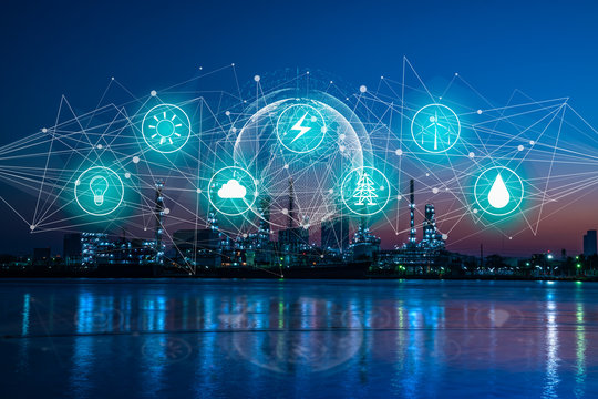Industry 4.0 and Energy saving concept.Double exposure of energy icon and network with oil refinery industry plant background, industrial instruments in the factory and physical system icons concept.
