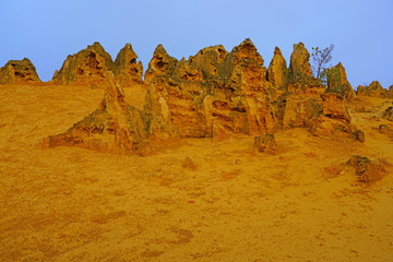 View of limestone rock formations in the Pinnacles Desert in Nambung National Park, Cervantes,...