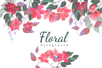 Fototapeta na wymiar Vector floral background. Card with garden flowers. Pink, red pastel flowers, green leaves isolated on white background. For banners, cards, templates, romantic, Valentines and Easter design.