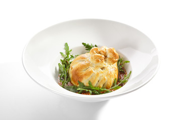 Baked Burrata Cheese with Tomato Sauce and Fresh Arugula Leaves