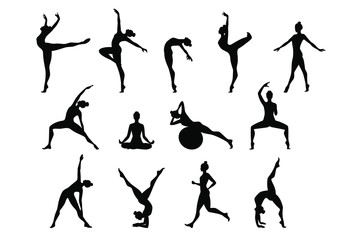 Slim sportive young woman doing fitness and yoga exercises. Interest sportswear. Vector overlay illustration design isolated on white background for t-shirt graphics, icons, posters, print