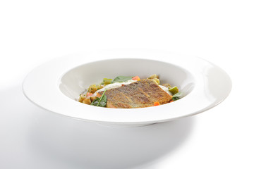 Fried Trout Fillet and Vegetable Stew with Herbs Espuma