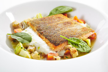 Fried Trout Fillet and Vegetable Stew with Herbs Espuma