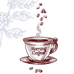 Drink and coffee bean in vintage engraving style