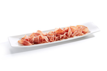 Sliced Jamon Iberico, Prosciutto or Speck on Restaurant Plate Isolated