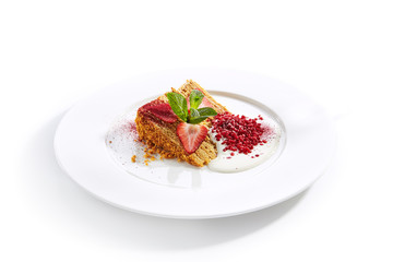 Traditional Russian Honey Cake Medovik on Restaurant Plate Isolated