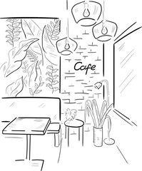Cafe's interior , picture on te wall, big window, table, plant, lights . Vector isolated illustration on white 