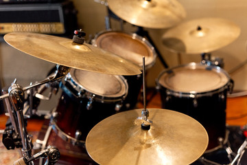 Drum kit on stage. Live music. Festival. Musical background. Close Shot of Drum set. Drummer equipment. Picture of drums and snare. Drums conceptual image.