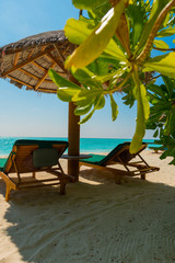 Obraz na płótnie Canvas Resting on the beach with a green sun bed and a wonderful beach with aquamarine water 