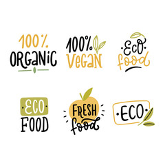Set of hand written eco food logo. Eco, vegan stickers collection. Hand drawn lettering natural signs.
