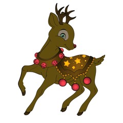 reindeer with christmas tree on red background