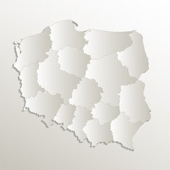 Poland map separates regions and names individual region, card paper 3D natural blank raster