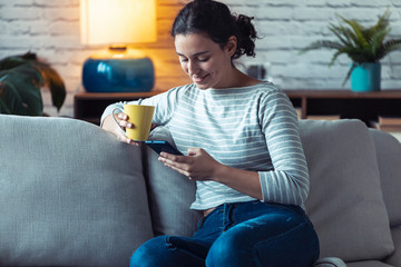 Smiling young woman using her mobile phone while sitting on sofa in the living room at home.