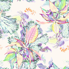 Poinsettia, fir and berries, seamless pattern.