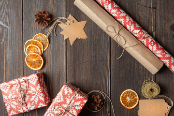 Christmas background or composition. Gift packaging concept in classic Christmas colors