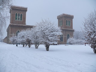 Snowfall at the park of the textile museum of Busto Arsizio.
