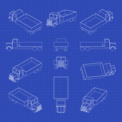 Set with tipper truck. Vector blueprint. Transportation  icons.