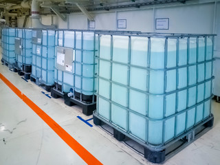 Cubes of water stand in the production room.