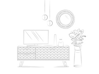 Living Room Interior with TV Cabinet, Mirror and Ficus Plant. Vector Sketch Illustration