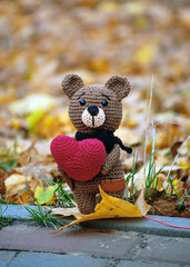 Lonely teddy bear in autumn leaves
