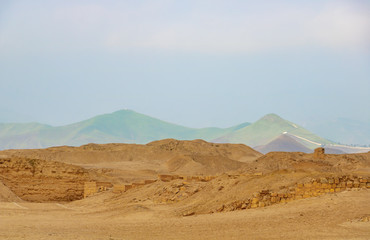 Fototapeta na wymiar the barren desert landscape near the Sanctuary of Pachacamac in Lima Peru