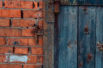 crush red brick wall texture and dark classic blue  wood texture grunge background, old interior design, panorama of masonry pattern