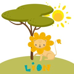 Hand drawn vector illustration of a cute kawaii cartoon funny lion in nature. Isolated objects. Clip-art for children print.