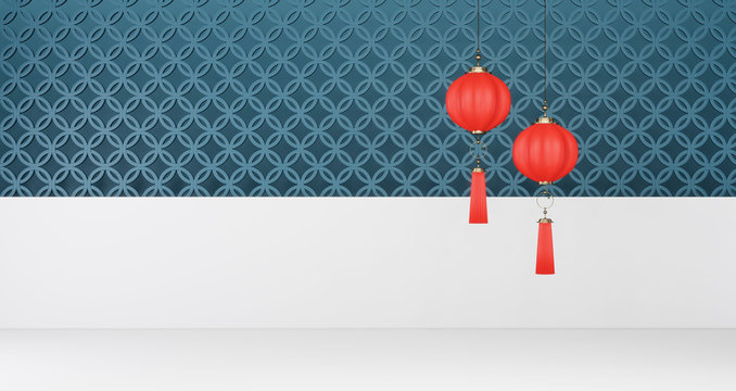 3D rendering of 2020 Chinese New Year. Red Chinese lanterns hanging on a blue and white wall background, , luxury minimalist mockup. Year of the rat