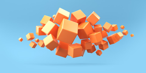 Flying orange cubes on a blue background. 3d render illustration.