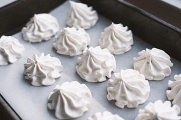 Delicious white homemade vegan marshmallow. Homemade cakes. Simple idea for dessert sweets. Close-up selective focus. Free baking recipes