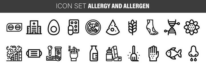 Allergy symptoms vector linear illustration. The most common allergens black on white line style icons set.
