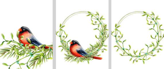 Spring wreath with black and red bird sitting on green fir leaves wreath. Vector
