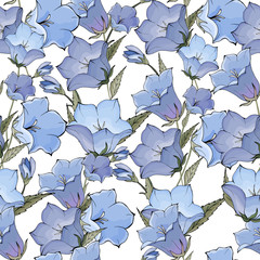 Vector seamless pattern with flowers blue bells and leaves. Floral background for your design.