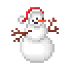 Three-ball snowman with a carrot nose & twig hands in a red Santa's hat, old school 8 bit pixel art character icon isolated on white background.Christmas symbol.Old school vintage retro game graphics.