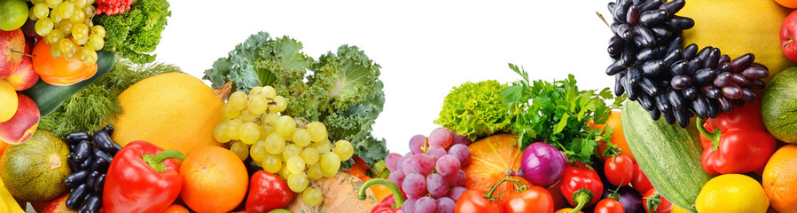 Panoramic collection fruits and vegetables isolated on white background. Collage. Wide photo .