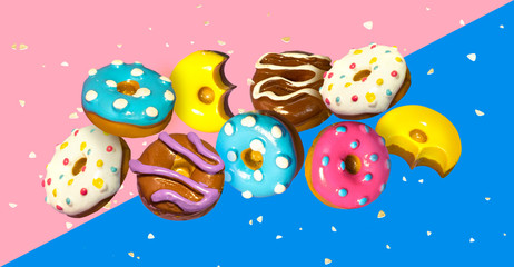 Colorful flying toys doughnuts with golden shiny confetti on pink blue background. Creative concept in minimal style.