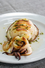 Grilled cuttlefish with sauce on a white plate. Delicious wholesome dinner at a Spanish fish restaurant. A gastronomic trip to Valencia.