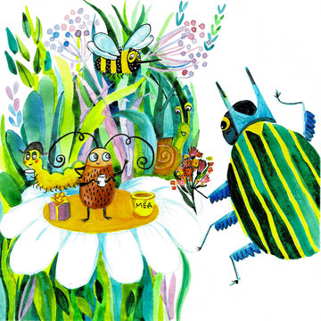 Funny , watercolor , cartoon insects collection. Wasp, bee, bumblebee, butterfly, worm, caterpillar, beetle