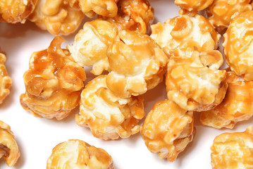 Delicious caramelized popcorn macro junk food photo