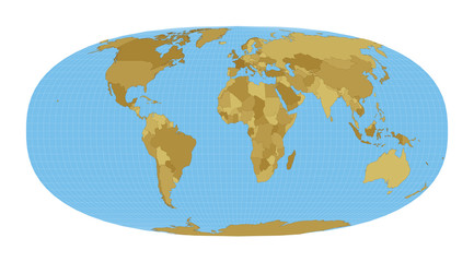 Fototapeta na wymiar World Map. Waldo R. Tobler's hyperelliptical projection. Map of the world with meridians on blue background. Vector illustration.