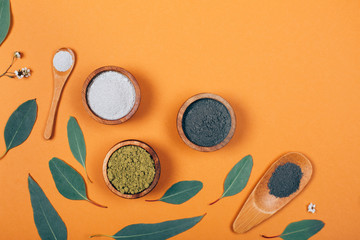 Home skin care. Several types of clay combined with eucalyptus leaves. Modern apothecary. Flat lay...
