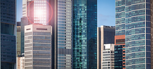 Fototapeta na wymiar Collage of a Skyline with Skyscrapers made of Buildings in Frankfurt, Gemany