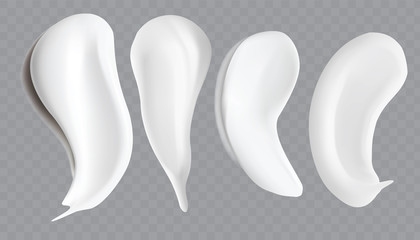 White creamy drop skincare cream product lotion thick fresh smooth smear isolated vector texture stock illustration.Realistic cosmetic cream smears.