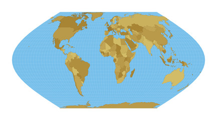 World Map. Eckert VI projection. Map of the world with meridians on blue background. Vector illustration.
