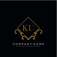 Initial letter KU logo luxury vector mark, gold color elegant classical
